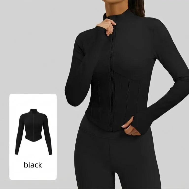 Xelle Women's Full Zip Slim Fit Running Jacket - Stand Collar Cropped Workout Top with Thumbholes and Contoured Ribbed Design for Yoga and Gym Activities
