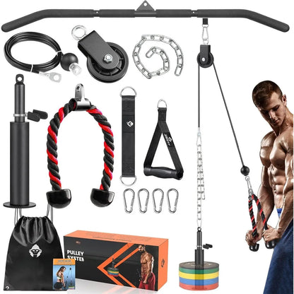 Pulley System Gym, Power Rack Pulley Attachment with 2-In-1 LAT Pull down Bar and Upgraded Loading Pin, for Triceps Pulldown, Biceps, ,