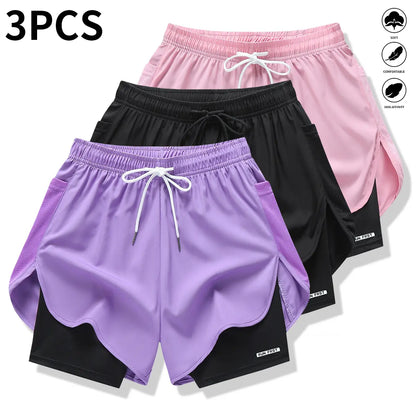 Pack of 3 Women’S Casual Athletic Pants, Faux Two-Piece Design, Solid Color, with Inner Lining, Elastic Drawstring Waistband, Suitable for Outdoor Fitness, Running, Sports, and Casual Wear; Women’S Shorts
