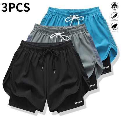 Pack of 3 Women’S Casual Athletic Pants, Faux Two-Piece Design, Solid Color, with Inner Lining, Elastic Drawstring Waistband, Suitable for Outdoor Fitness, Running, Sports, and Casual Wear; Women’S Shorts