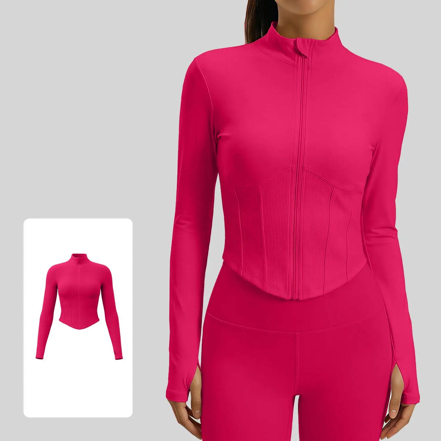 Xelle Women's Full Zip Slim Fit Running Jacket - Stand Collar Cropped Workout Top with Thumbholes and Contoured Ribbed Design for Yoga and Gym Activities