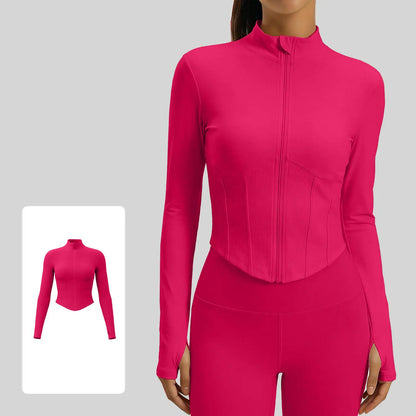 Xelle Women's Full Zip Slim Fit Running Jacket - Stand Collar Cropped Workout Top with Thumbholes and Contoured Ribbed Design for Yoga and Gym Activities