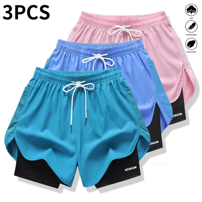 Pack of 3 Women’S Casual Athletic Pants, Faux Two-Piece Design, Solid Color, with Inner Lining, Elastic Drawstring Waistband, Suitable for Outdoor Fitness, Running, Sports, and Casual Wear; Women’S Shorts