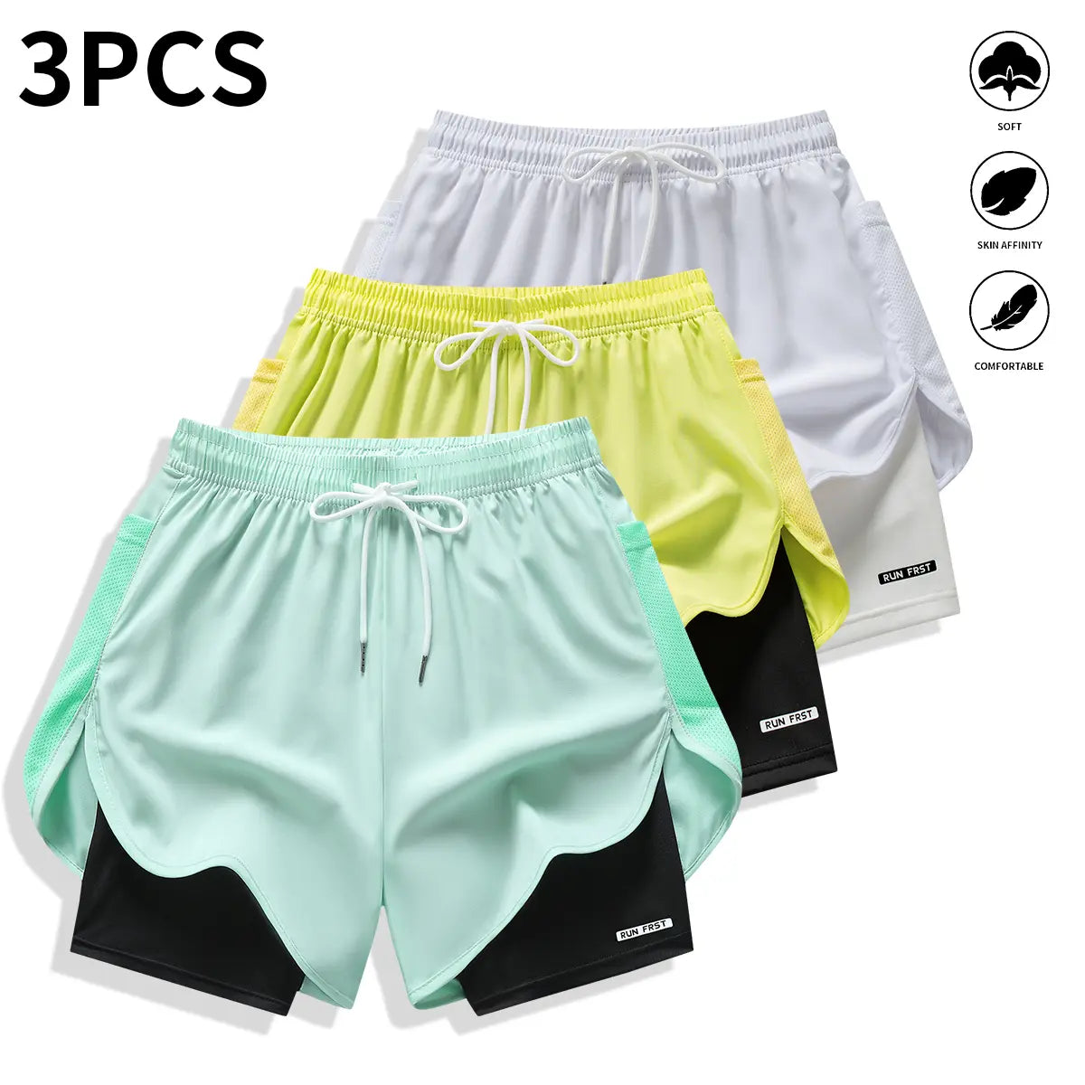 Pack of 3 Women’S Casual Athletic Pants, Faux Two-Piece Design, Solid Color, with Inner Lining, Elastic Drawstring Waistband, Suitable for Outdoor Fitness, Running, Sports, and Casual Wear; Women’S Shorts