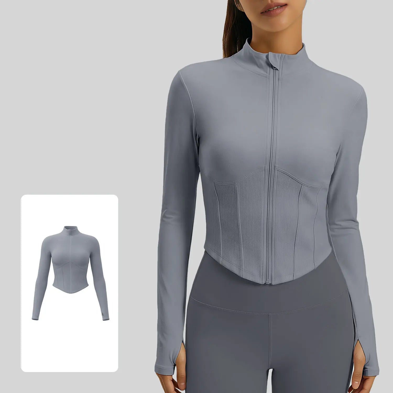 Xelle Women's Full Zip Slim Fit Running Jacket - Stand Collar Cropped Workout Top with Thumbholes and Contoured Ribbed Design for Yoga and Gym Activities