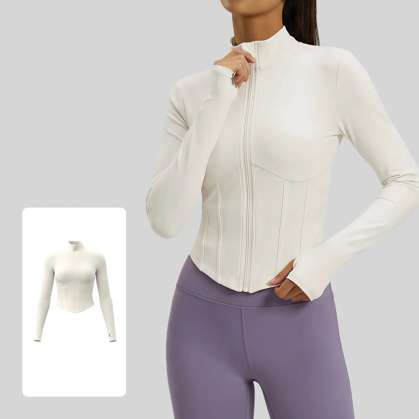 Xelle Women's Full Zip Slim Fit Running Jacket - Stand Collar Cropped Workout Top with Thumbholes and Contoured Ribbed Design for Yoga and Gym Activities