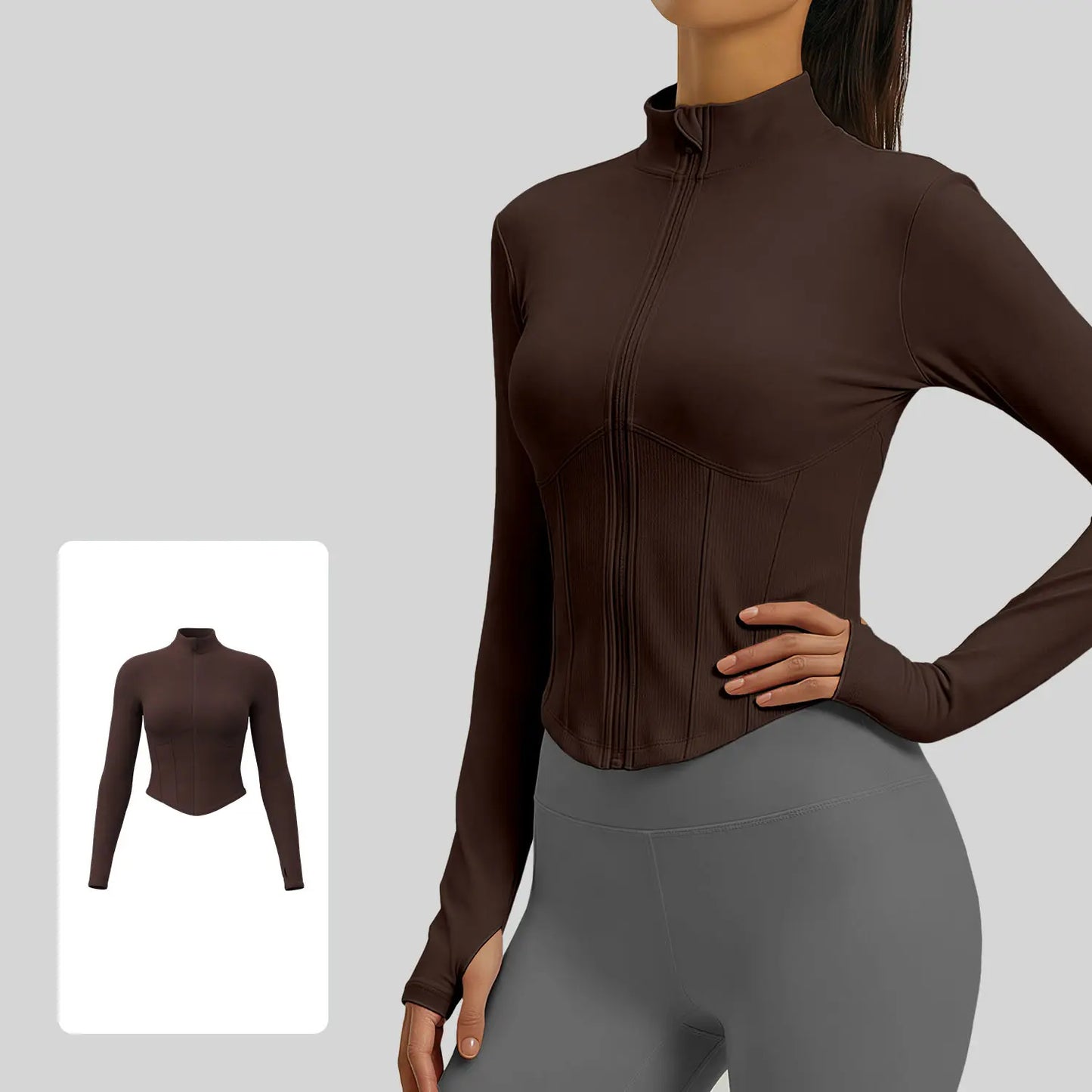 Xelle Women's Full Zip Slim Fit Running Jacket - Stand Collar Cropped Workout Top with Thumbholes and Contoured Ribbed Design for Yoga and Gym Activities