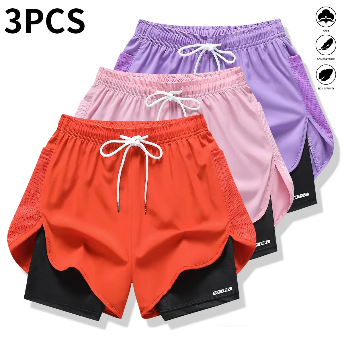 Pack of 3 Women’S Casual Athletic Pants, Faux Two-Piece Design, Solid Color, with Inner Lining, Elastic Drawstring Waistband, Suitable for Outdoor Fitness, Running, Sports, and Casual Wear; Women’S Shorts