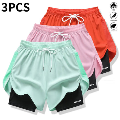 Pack of 3 Women’S Casual Athletic Pants, Faux Two-Piece Design, Solid Color, with Inner Lining, Elastic Drawstring Waistband, Suitable for Outdoor Fitness, Running, Sports, and Casual Wear; Women’S Shorts
