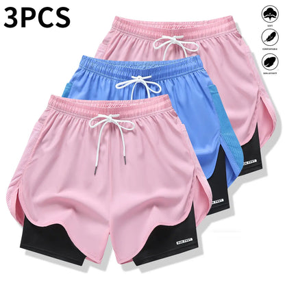 Pack of 3 Women’S Casual Athletic Pants, Faux Two-Piece Design, Solid Color, with Inner Lining, Elastic Drawstring Waistband, Suitable for Outdoor Fitness, Running, Sports, and Casual Wear; Women’S Shorts