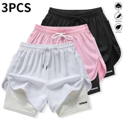 Pack of 3 Women’S Casual Athletic Pants, Faux Two-Piece Design, Solid Color, with Inner Lining, Elastic Drawstring Waistband, Suitable for Outdoor Fitness, Running, Sports, and Casual Wear; Women’S Shorts