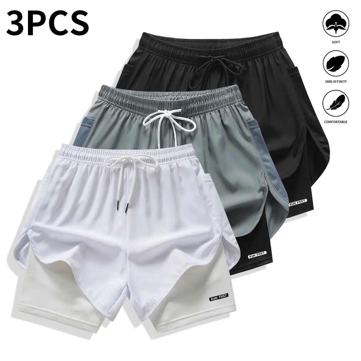 Pack of 3 Women’S Casual Athletic Pants, Faux Two-Piece Design, Solid Color, with Inner Lining, Elastic Drawstring Waistband, Suitable for Outdoor Fitness, Running, Sports, and Casual Wear; Women’S Shorts