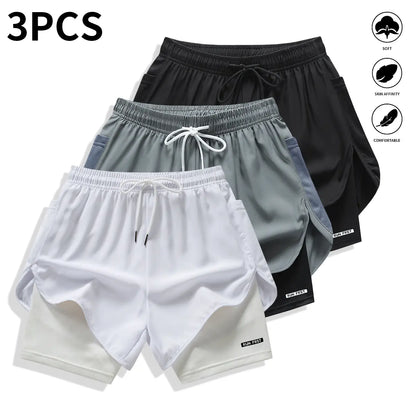 Pack of 3 Women’S Casual Athletic Pants, Faux Two-Piece Design, Solid Color, with Inner Lining, Elastic Drawstring Waistband, Suitable for Outdoor Fitness, Running, Sports, and Casual Wear; Women’S Shorts