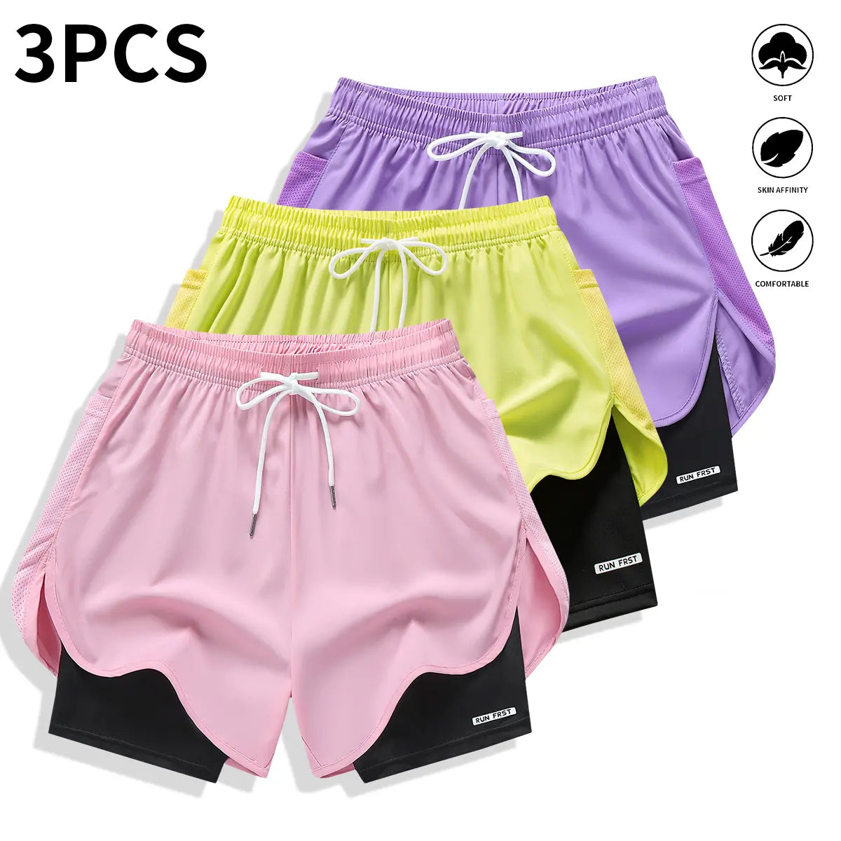 Pack of 3 Women’S Casual Athletic Pants, Faux Two-Piece Design, Solid Color, with Inner Lining, Elastic Drawstring Waistband, Suitable for Outdoor Fitness, Running, Sports, and Casual Wear; Women’S Shorts
